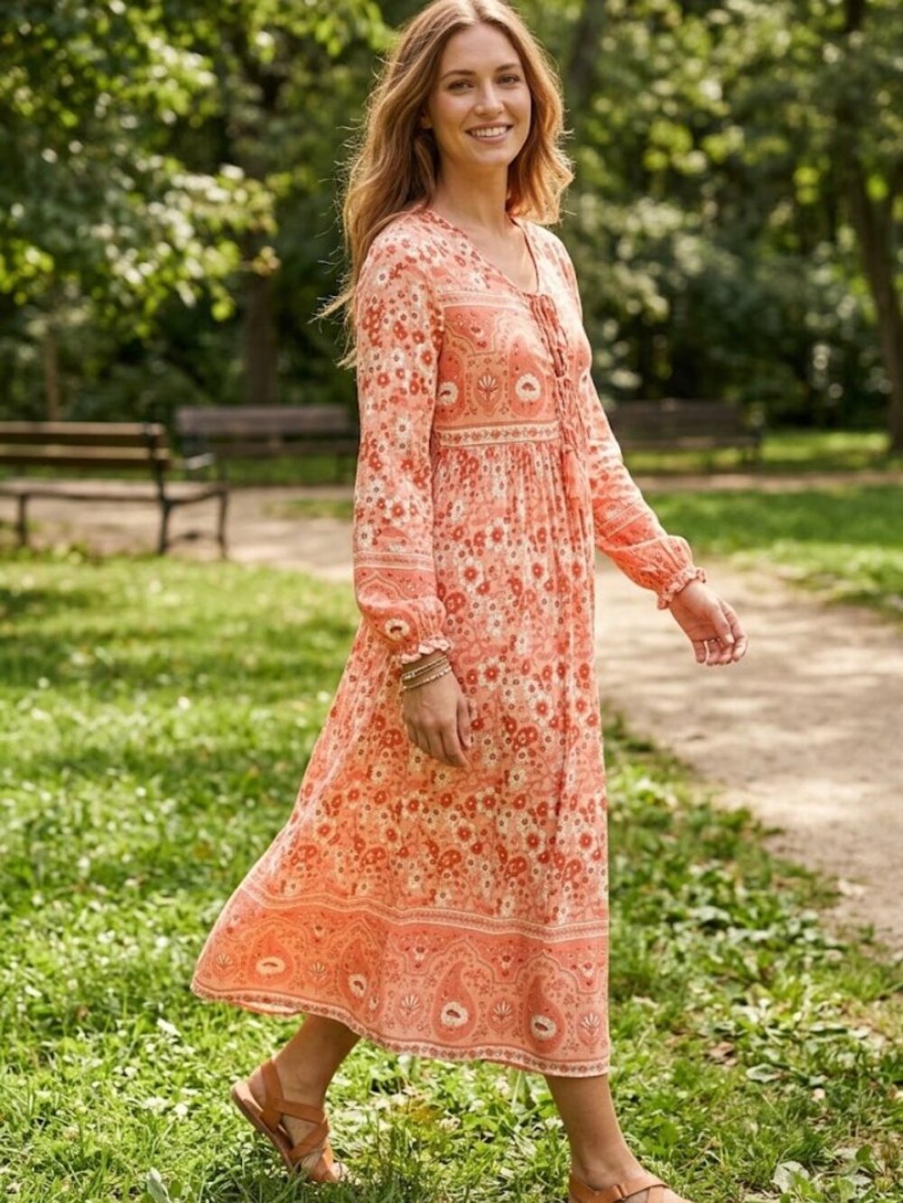 R. Vivimos Midi Dress Long Sleeve Coral Floral Print V Neck Tassels Boho M 8/10